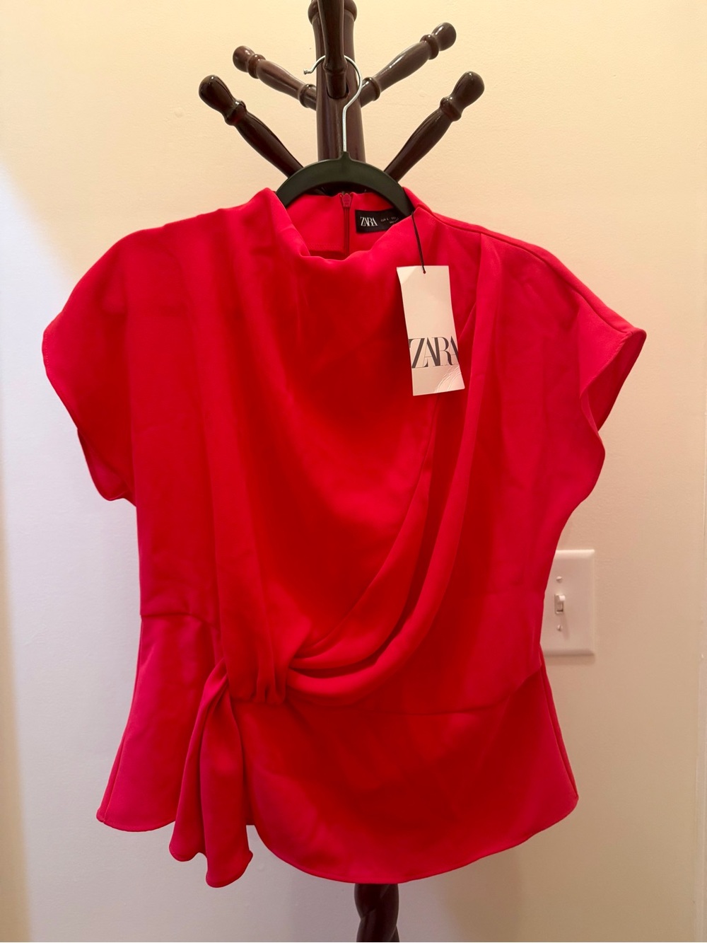 ZARA Bright Red Draped Tie-Detail Short Sleeve Blouse